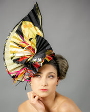 Load image into Gallery viewer, Pleated silk on yellow sinamay with feather and sinamay trim.  
