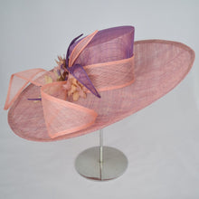 Load image into Gallery viewer, Coral and amethyst sinamay with sinamay ribbons and handmade flowers. Front view.