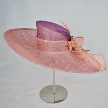 Load image into Gallery viewer, Coral and amethyst sinamay with sinamay ribbons and handmade flowers. Back view.