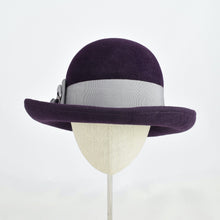 Load image into Gallery viewer, Gorgeous aubergine velour felt with silver grosgrain ribbon trim. Front view.