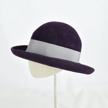 Load image into Gallery viewer, Gorgeous aubergine velour felt with silver grosgrain ribbon trim. Side view.