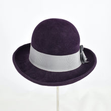 Load image into Gallery viewer, Gorgeous aubergine velour felt with silver grosgrain ribbon trim. Back view.

