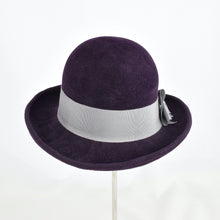 Load image into Gallery viewer, Gorgeous aubergine velour felt with silver grosgrain ribbon trim. Back view.