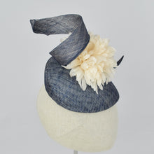 Load image into Gallery viewer, Navy blue sinamay tear drop percher with handmade flower and sinamay trim. Side view.