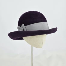 Load image into Gallery viewer, Gorgeous aubergine velour felt with silver grosgrain ribbon trim. 3/4 front view.
