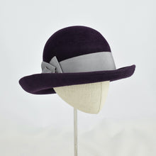 Load image into Gallery viewer, Gorgeous aubergine velour felt with silver grosgrain ribbon trim. 3/4 front view.