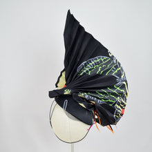 Load image into Gallery viewer, Pleated silk on yellow sinamay with feather and sinamay trim.  Back view.