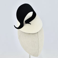 Load image into Gallery viewer, White velour felt percher with a black velour felt swirl trim.  Front view.