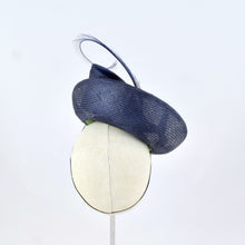 Load image into Gallery viewer, Navy blue parisisal saucer with burnt pheasant feather and parisisal trim.  Back view.
