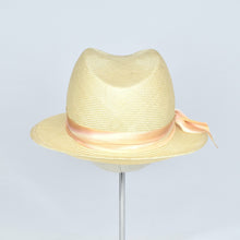 Load image into Gallery viewer, Fedora in natural parisisal with silk ombre ribbon. Back view.
