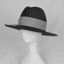 Load image into Gallery viewer, black fedora with striped ribbon - left
