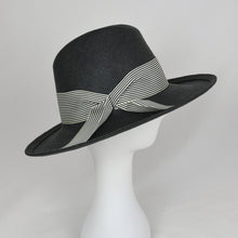Load image into Gallery viewer, black fedora with striped ribbon - right
