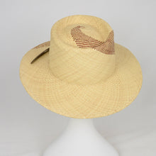 Load image into Gallery viewer, Straw Hat with woven design and feathers viewed from the back
