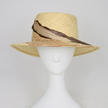 Load image into Gallery viewer, Straw Hat with woven design and feathers viewed from the front
