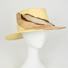 Load image into Gallery viewer, Straw Hat with woven design and feathers viewed from the right side
