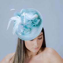 Load image into Gallery viewer, Saucer hat in ice blue parisisal with silk and feather trim. 
