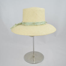Load image into Gallery viewer, Panama straw with pale green distressed silk ribbon. Side view.
