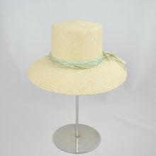 Load image into Gallery viewer, Panama straw with pale green distressed silk ribbon. Back view.
