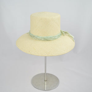 Panama straw with pale green distressed silk ribbon. Back view.