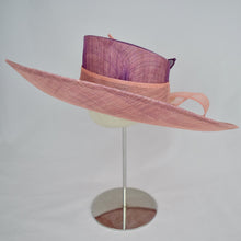 Load image into Gallery viewer, Coral and amethyst sinamay with sinamay ribbons and handmade flowers.  Side view.
