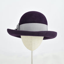 Load image into Gallery viewer, Gorgeous aubergine velour felt with silver grosgrain ribbon trim. Front view.
