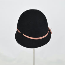 Load image into Gallery viewer, Black fur felt with narrow coral colored ribbon in a classic cloche style. Back view.
