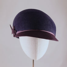 Load image into Gallery viewer, Indigo velour felt cap with violet visor.  Front view.
