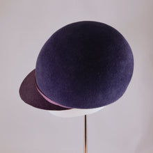 Load image into Gallery viewer, Indigo velour felt cap with violet visor. Side view.
