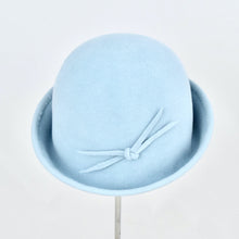 Load image into Gallery viewer, Baby blue velour fur felt with an asymmetrical flip. Side view.
