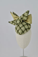 Load image into Gallery viewer, Green wool plaid teardrop cocktail hat with the perfect silk and wool bow on the top.  Front view.
