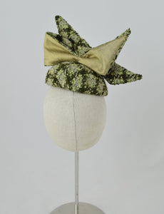 Green wool plaid teardrop cocktail hat with the perfect silk and wool bow on the top.  Back view.