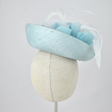 Load image into Gallery viewer, Saucer hat in ice blue parisisal with silk and feather trim.  Back view.
