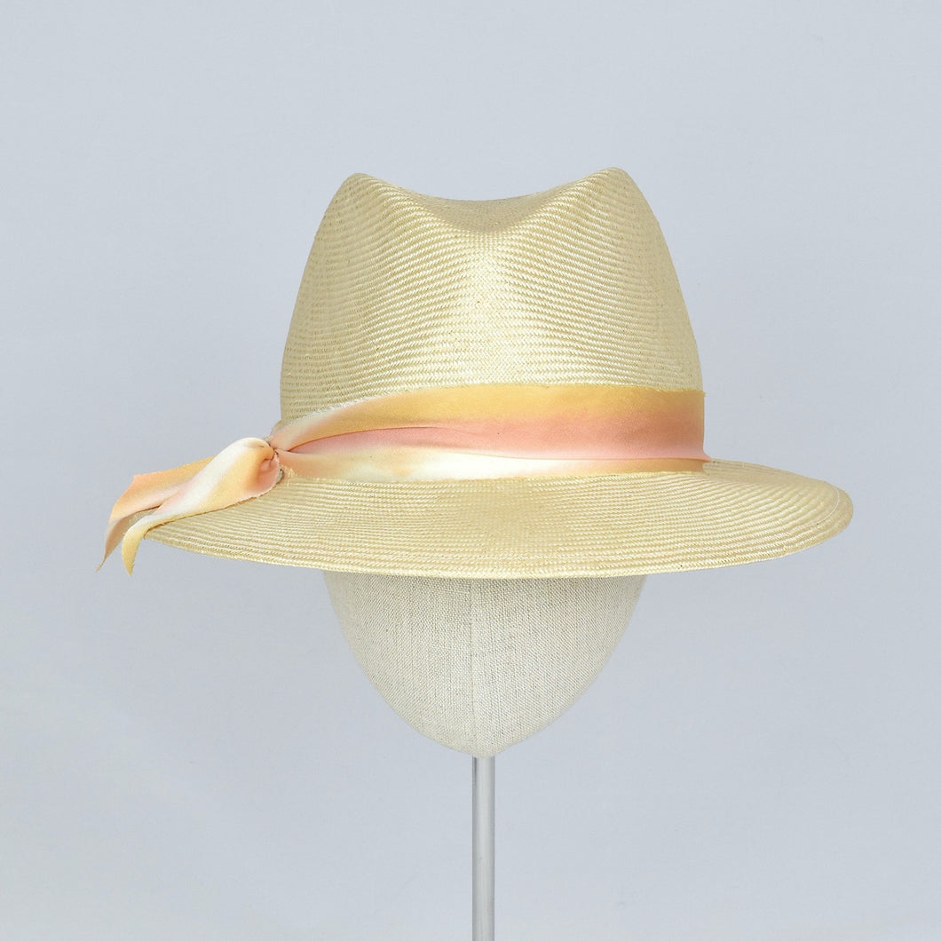 Fedora in natural parisisal with silk ombre ribbon. Front view.