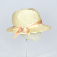 Load image into Gallery viewer, Fedora in natural parisisal with silk ombre ribbon. Side view.
