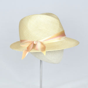 Fedora in natural parisisal with silk ombre ribbon. Side view.
