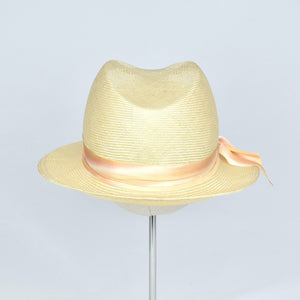 Fedora in natural parisisal with silk ombre ribbon. Back view.