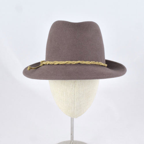 Taupe velour fur felt in a classic trilby style crown and snap brim. Front view.