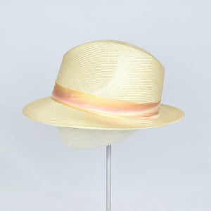 Fedora in natural parisisal with silk ombre ribbon. Side view.