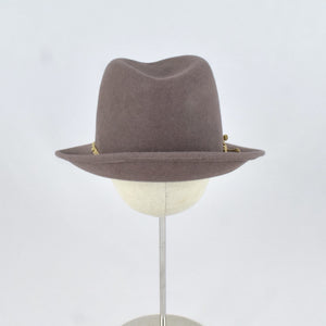 Taupe velour fur felt in a classic trilby style crown and snap brim. Back view.