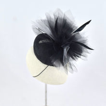 Load image into Gallery viewer, Black sinamay tear drop percher with black and grey tulle, black sculpted feathers, and vintage leather buckle. Side view.
