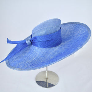 Two-tone wide brim blue sinamay hat. Top front view.