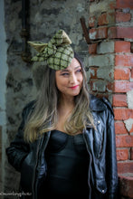 Load image into Gallery viewer, Green wool plaid teardrop cocktail hat with the perfect silk and wool bow on the top. 
